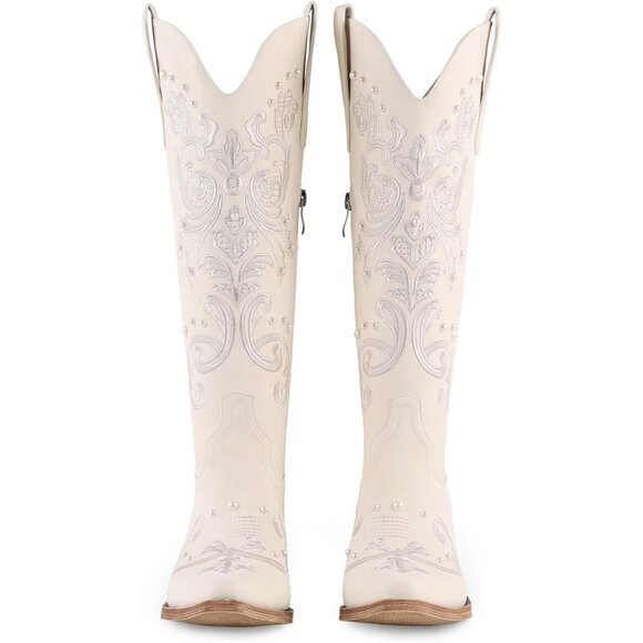 Women White Faux Leather Knee High Classic Embroidered Slip On Chunky Heel - Picture 6 of 7